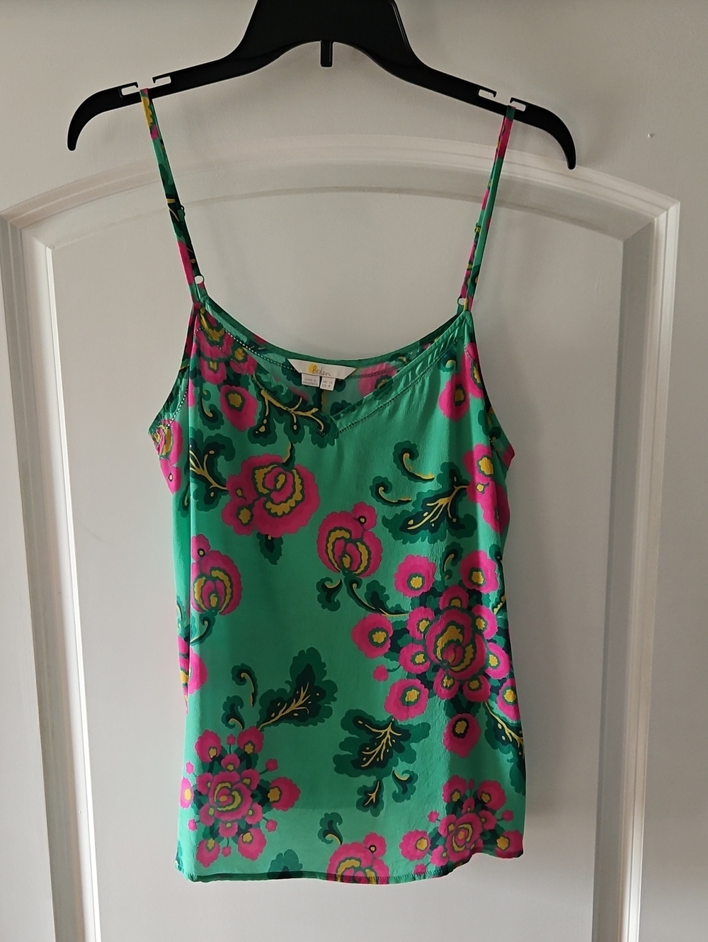 Boden Green Floral Spaghetti-Strap Cami with Pink Accents